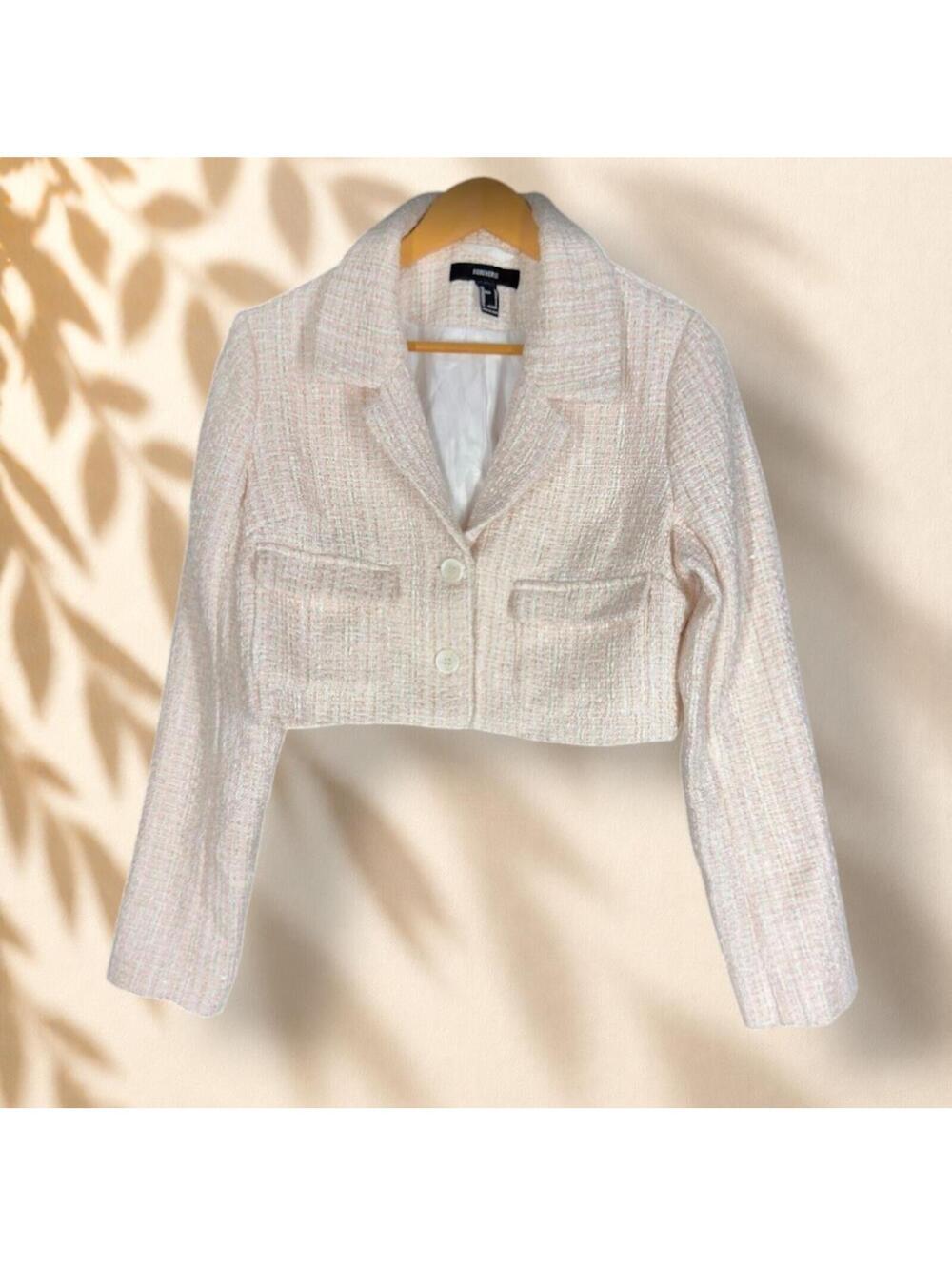 Forever 21 Cropped Blazer Women L Large Beige Button Up Collared Long Sleeve